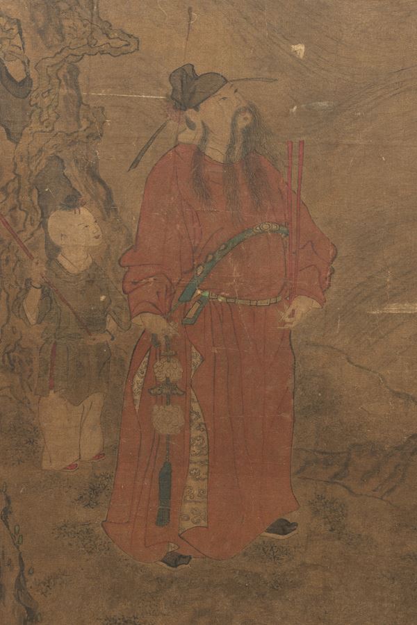 Dipinto su carta raffigurante dignitario con bambino, Cina, Dinastia Qing, epoca Qianlong (1736-1796)