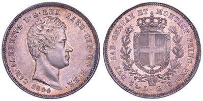 REGNO DI SARDEGNA, Carlo Alberto di Savoia, 2 Lire 1844, Genova