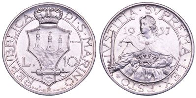San Marino, 10 Lire Prova 1938, tipologia di monetazione 1864-1938