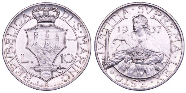 SAN MARINO. VECCHIA MONETAZIONE, 1864-1938. 10 Lire 1938 Prova. Roma.