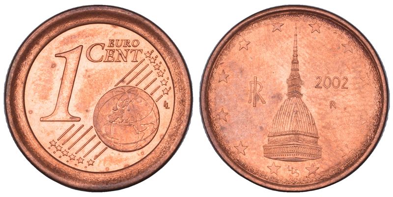 REPUBBLICA ITALIANA, dal 1946. Centesimo errore di conio  "Mole" 2002 - Coniato su tondello e diritto da 2 centesimi e valore da 1 centesimo.  - Asta Numismatica - Cambi Casa d'Aste