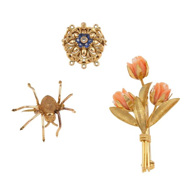 Two gold and coral brooches and one gold clasp