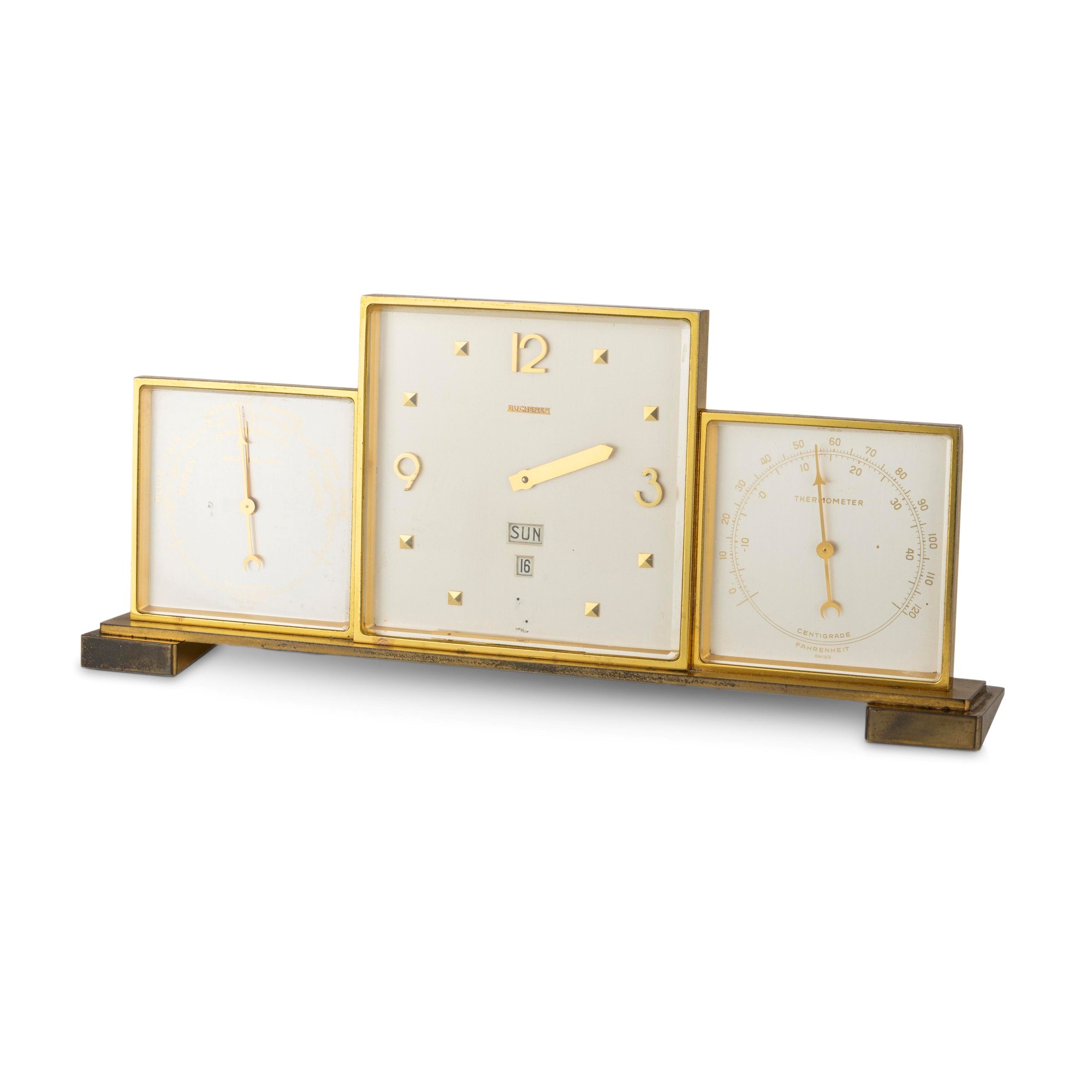 Bucherer - Orologio da tavolo multifunzione in ottone dorato con barometro e termometro, carica m...