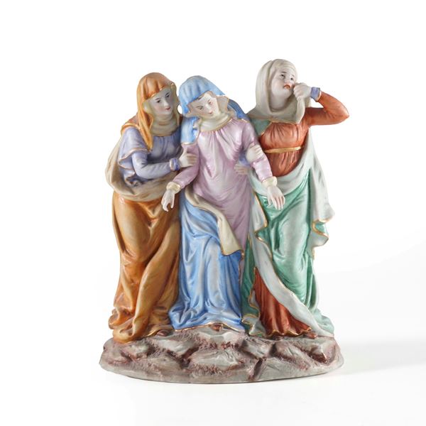 Gruppo in ceramica dipinta "lo svenimento della Vergine Maria sostenuta dalle pie donne". XX secolo