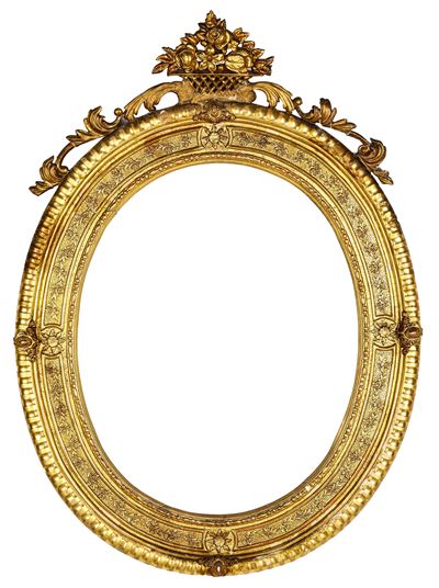 Cornice ovale dorata con cimasa decorata a fiori e foglie, XIX secolo