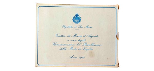 San Marino 1981: dittico celebrativo della Bimillenario della morte di Virgilio, contenente 3 monete FdC in argento (2 X 500 + 1 X 1.000 Lire).