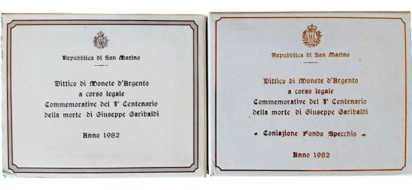 San Marino 1982: 2 dittici celebrativi del I centenario della morte Giuseppe Garibaldi, contenente quattro monete, di cui 2 FdC e 2 Fondo Specchio in argento (3 X 500 + 4 X 1.000 Lire).