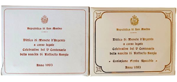 San Marino 1983: 2 dittici celebrativi del V centenario della nascita di Raffaele Sanzio, contenente quattro monete, di cui 2 FdC e 2 Fondo Specchio in argento (3 X 500 + 4 X 1.000 Lire).