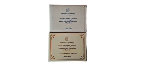 San Marino 1987: 2 dittici celebrativi delle Universiadi di Zagabria, contenente quattro monete, di cui 2 FdC e 2 Fondo Specchio in argento (3 X 500 + 4 X 1.000 Lire).