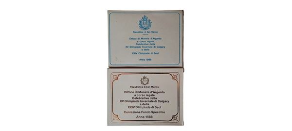 San Marino 1988: 2 dittici celebrativi delle XV Olimpiadi invernali di Calgary e della XIV Olimpiade di Seul, contenente quattro monete, di cui 2 FdC e 2 Fondo Specchio in argento (3 X 500 + 4 X 1.000 Lire).