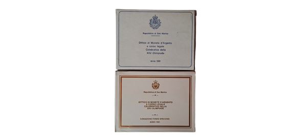San Marino 1991: 2 dittici celebrativi delle XXV Olimpiade di Barcellona, contenente quattro monete, di cui 2 FdC e 2 Fondo Specchio in argento (3 X 500 + 4 X 1.000 Lire).