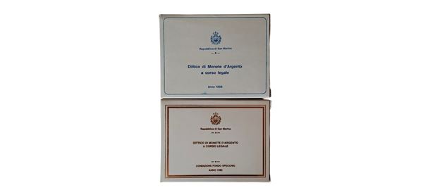 San Marino 1993: 2 dittici celebrativi del Mondo Animale in Pericolo, contenente quattro monete, di cui 2 FdC e 2 Fondo Specchio in argento (3 X 500 + 4 X 1.000 Lire). 