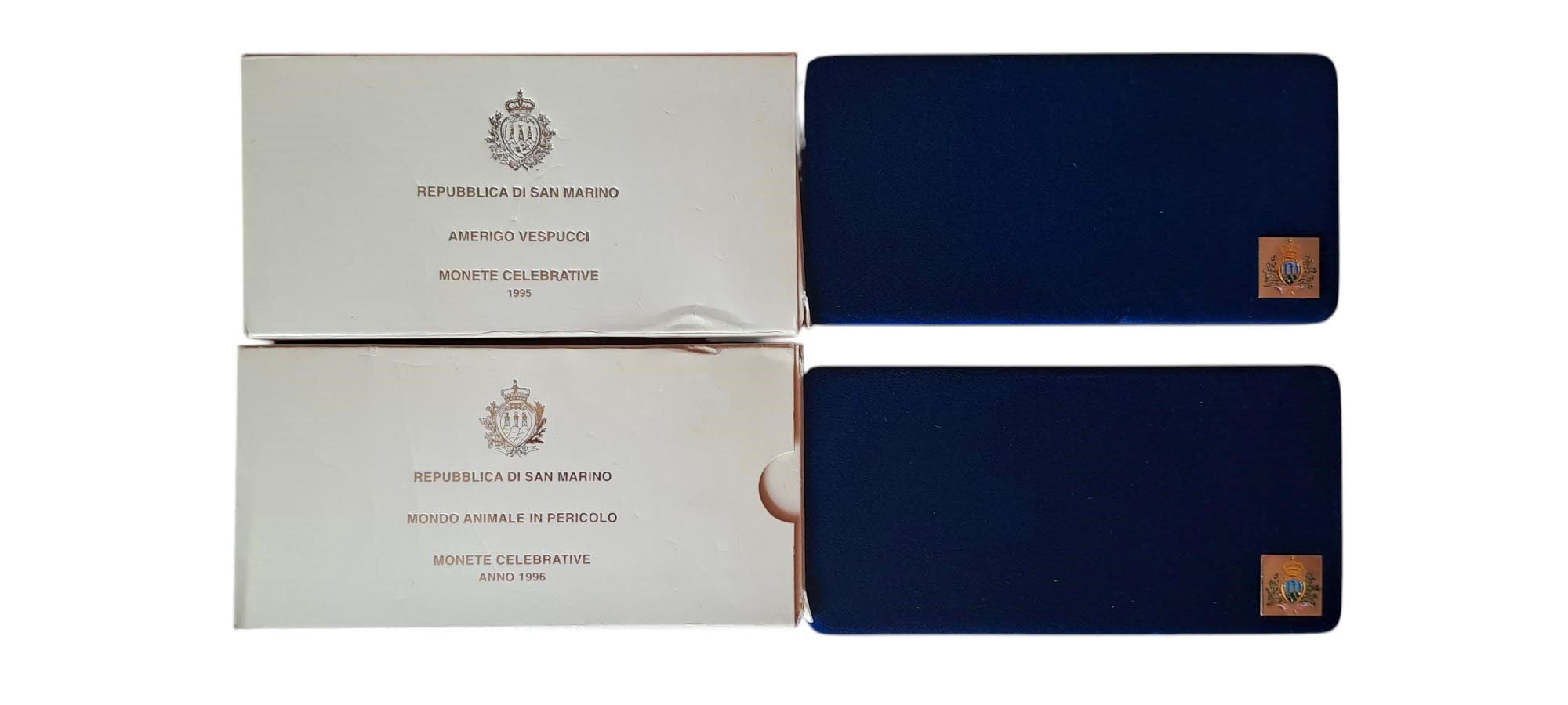San Marino 1995-1996: due cofanetti contenenti 4 monete Fondo Specchio (proof) in argento.