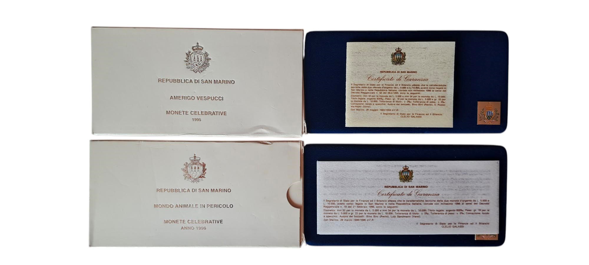 San Marino 1995-1996: due cofanetti contenenti 4 monete Fondo Specchio (proof) in argento.