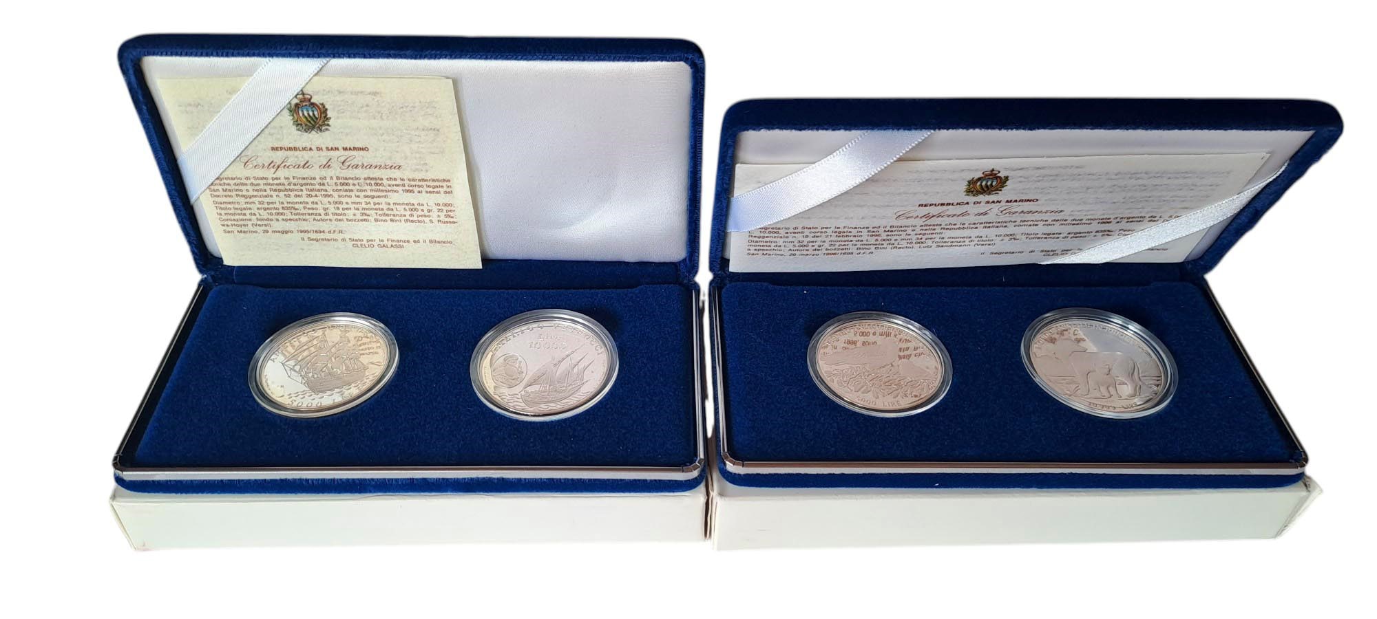 San Marino 1995-1996: due cofanetti contenenti 4 monete Fondo Specchio (proof) in argento.