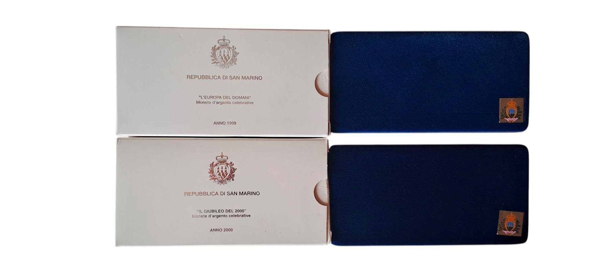 San Marino 1999-2000: due cofanetti contenenti 4 monete Fondo Specchio (proof) in argento.