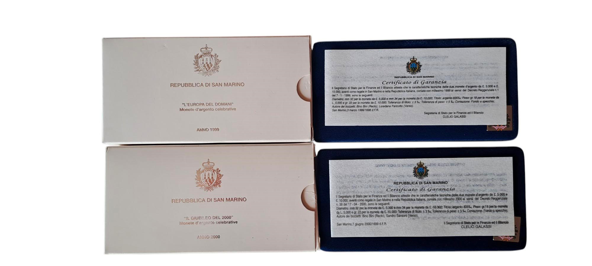 San Marino 1999-2000: due cofanetti contenenti 4 monete Fondo Specchio (proof) in argento.
