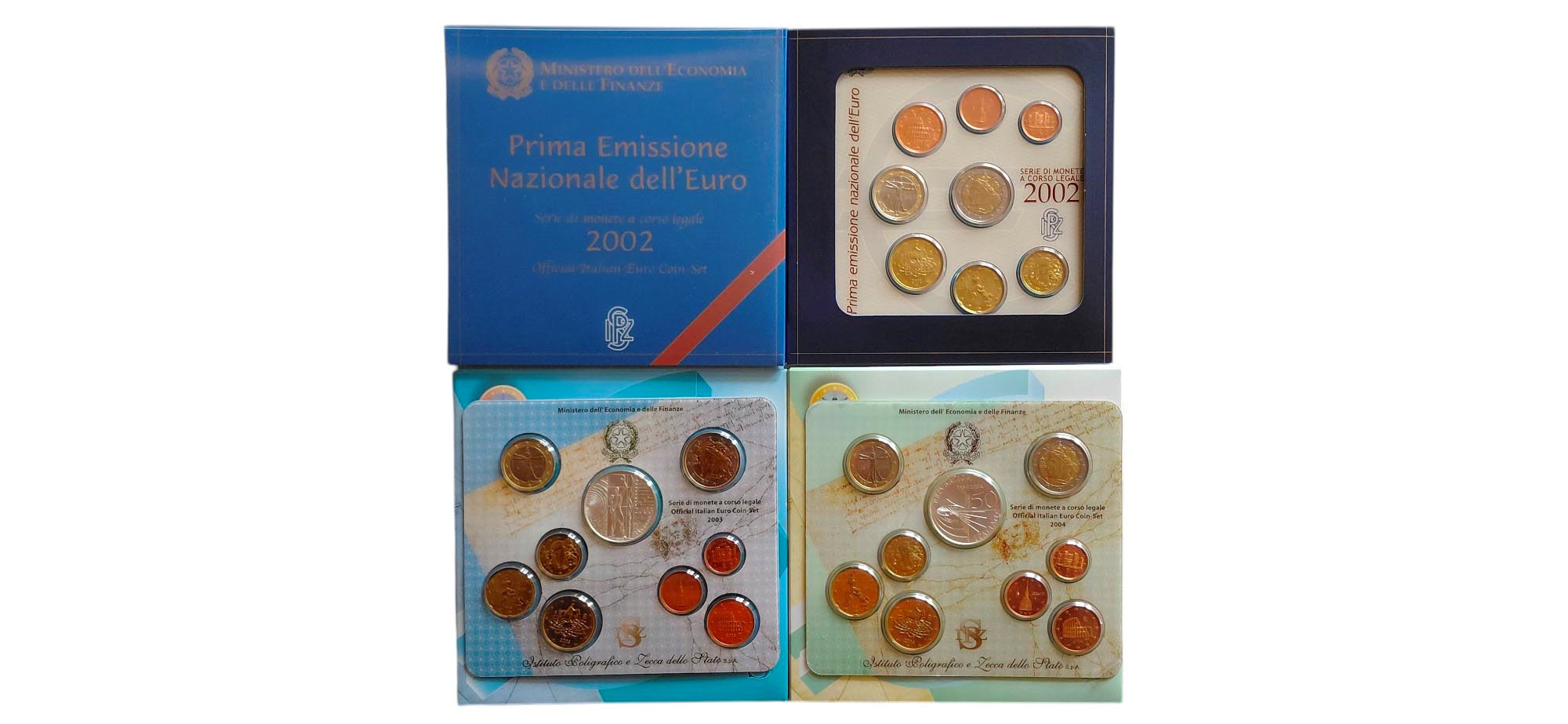 Italia 2002-2004: lotto di 3 divisionali Fior di Conio ufficiali con 2 monete da 5 Euro d’argento...