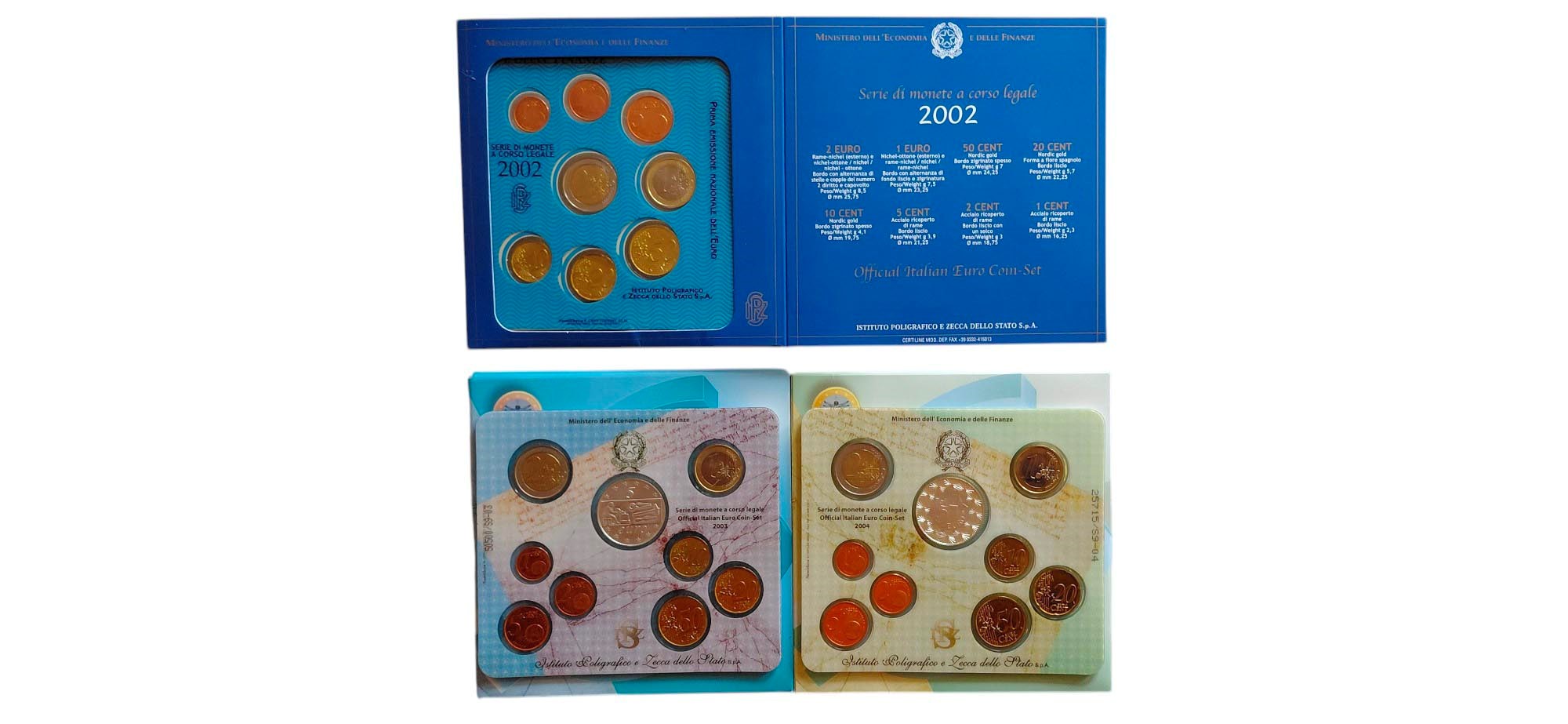 Italia 2002-2004: lotto di 3 divisionali Fior di Conio ufficiali con 2 monete da 5 Euro d’argento...
