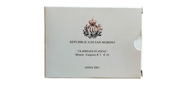 San Marino 2003: dittico celebrativo contenente 2 monete da 5 + 10 Euro Fondo Specchio in argento.