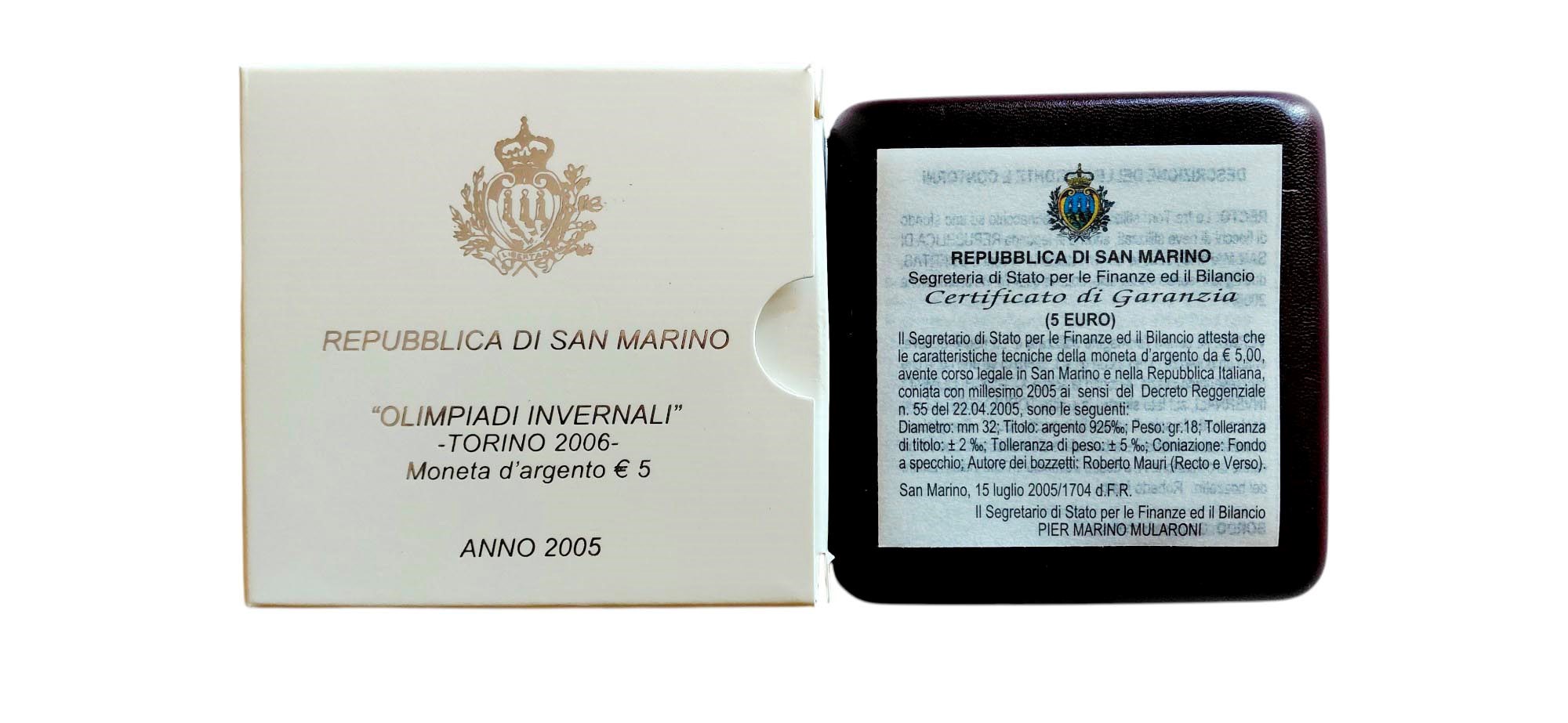 San Marino 2005: moneta celebrativa da 5 Euro Fondo Specchio in argento.