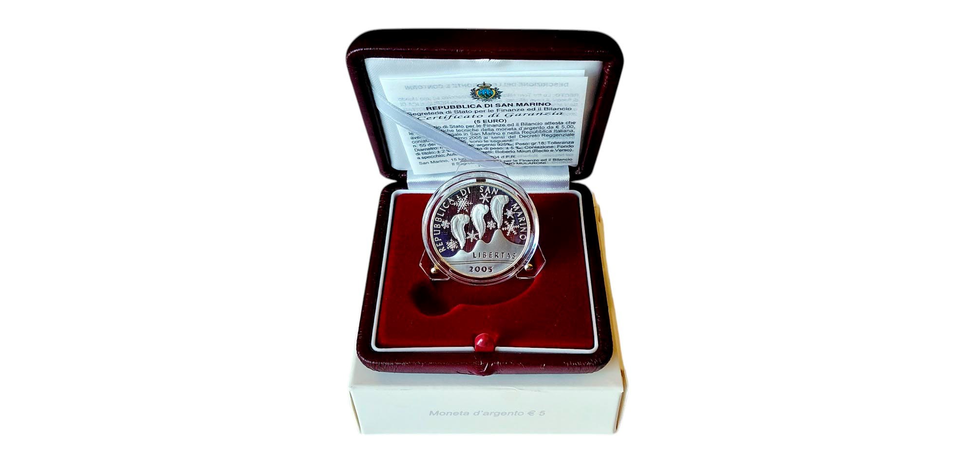 San Marino 2005: moneta celebrativa da 5 Euro Fondo Specchio in argento.