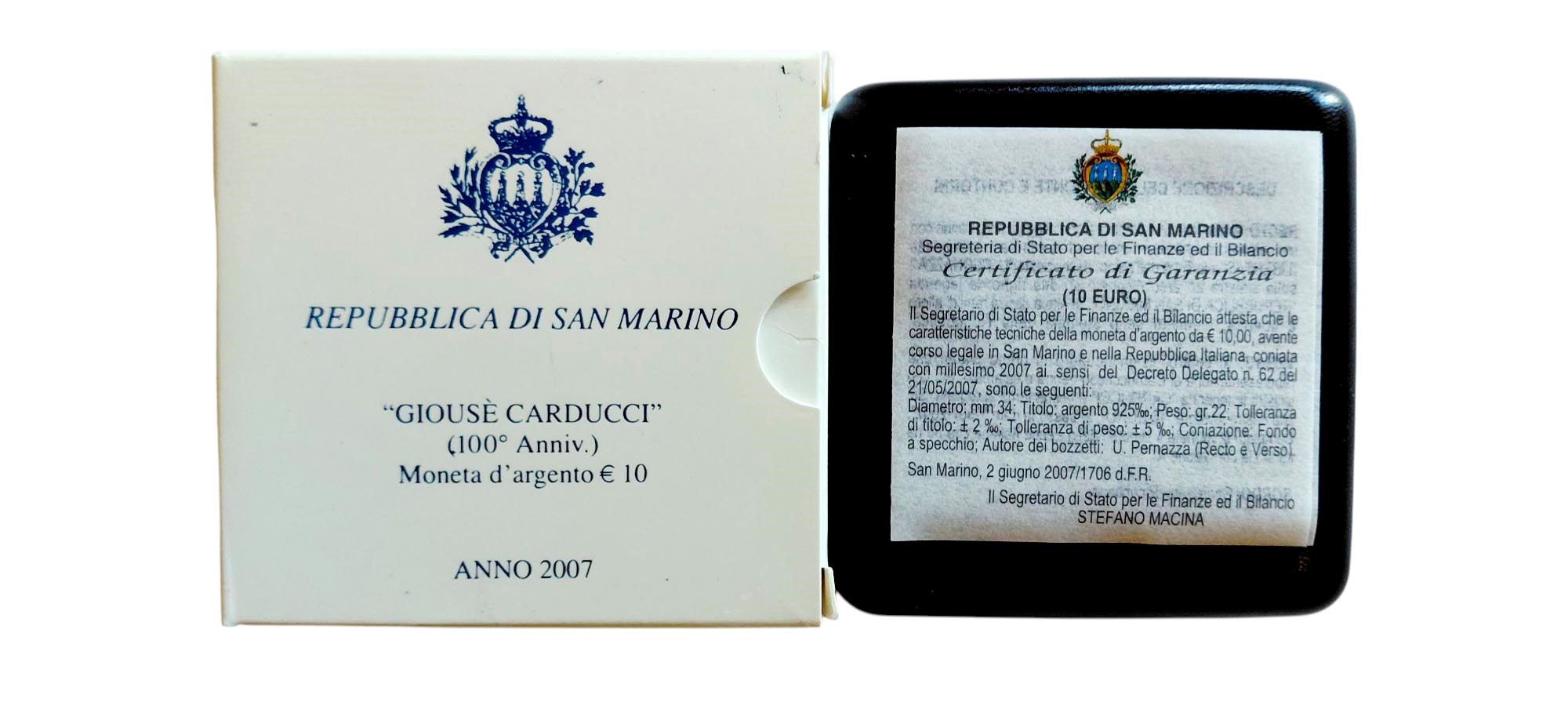 San Marino 2007: moneta celebrativa da 10 Euro Fondo Specchio in argento.