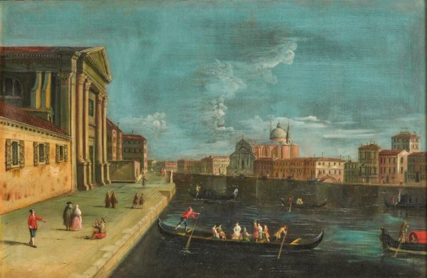 Apollonio Facchinetti detto Domenichini (conosciuto anche come Maestro della Fondazione Langmatt) - Veduta del canale della Giudecca a Venezia con le chiese dello Spirito Santo e del Redentore