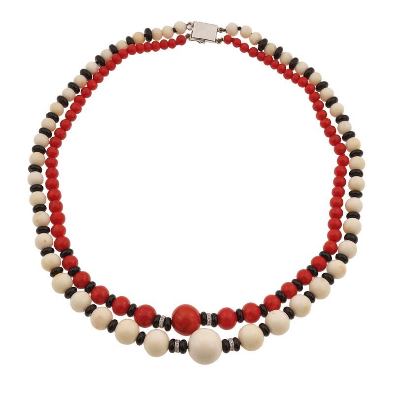 Coral, onyx, diamond and gold necklace  - Auction Fine Jewellery - Cambi Casa d'Aste