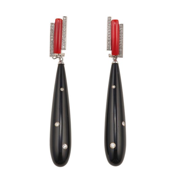 Pair of diamond, coral, onyx and gold earrings