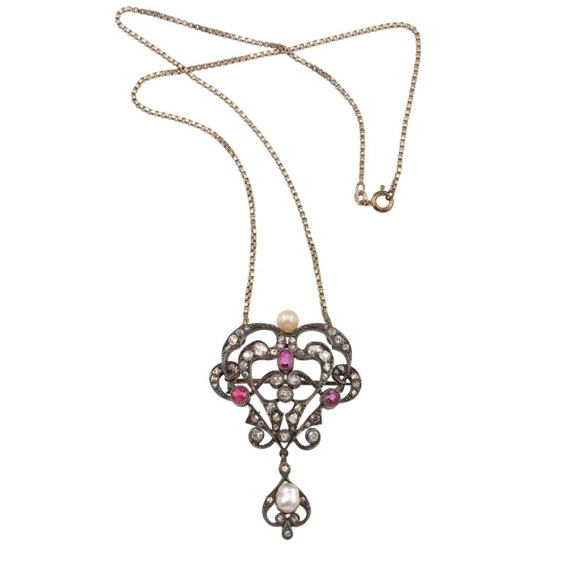 Diamond, ruby, pearl, gold and silver necklace with pendent/brooch. One red gem is a doublet  - Auction Jewels - Cambi Casa d'Aste