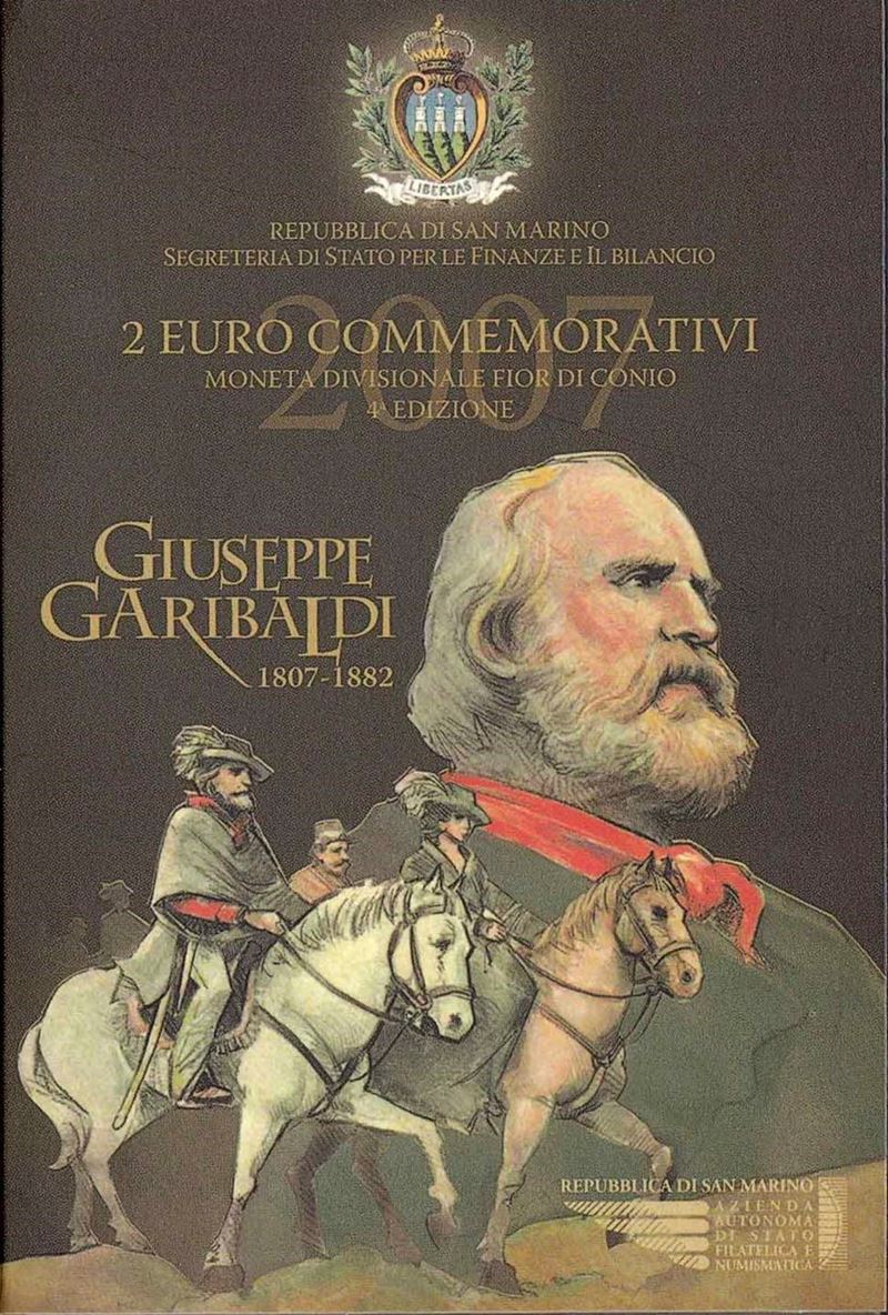San Marino 2007 – 2 Euro commemorativi bimetallici FdC “Giuseppe Garibaldi 1807-1882” in folder.