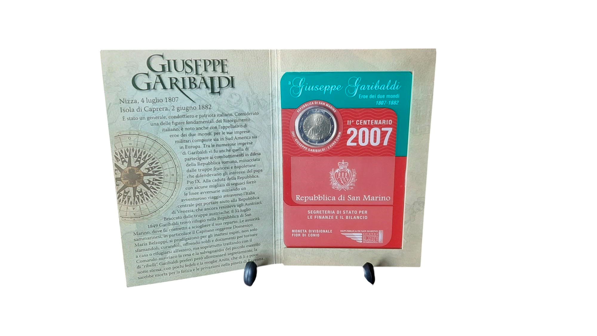 San Marino 2007 – 2 Euro commemorativi bimetallici FdC “Giuseppe Garibaldi 1807-1882” in folder.