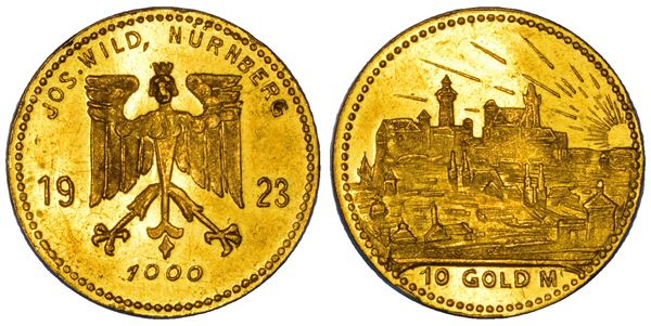 GERMANIA - NORIMBERGA. MONETE DELL'ORAFO DI NORIMBERGA JOSEF WILD. 10 Marchi d'oro (1 Ducato d'Oro) 1923.Norimberga.