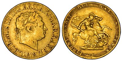 Regno Unito, George III, Sovereign 1818, oro