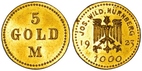 GERMANIA - NORIMBERGA. MONETE DELL'ORAFO DI NORIMBERGA JOSEF WILD. 5 Marchi d'Oro (1/2 ducato d'Oro) 1923.