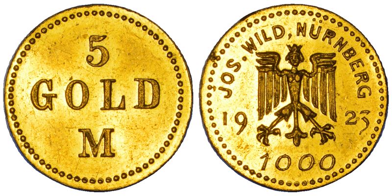 GERMANIA - NORIMBERGA. MONETE DELL'ORAFO DI NORIMBERGA JOSEF WILD. 5 Marchi d'Oro (1/2 ducato d'Oro) 1923.  - Asta Numismatica - Cambi Casa d'Aste