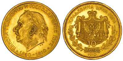 Montenegro, Nicolaus I, 10 Perpera 1910 in oro