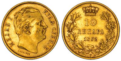 Serbia, Milan Obrenovic IV, 20 Dinara 1882, oro