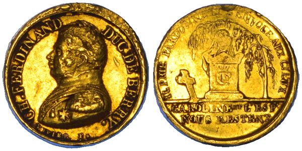 FRANCIA. ENRICO V, 1820-1883. Medaglia in oro 1820. Morte del Duca di Berry e speranza di Nascita.