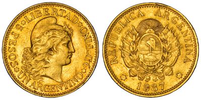 Argentina, 5 Pesos (Argentino) 1887, oro