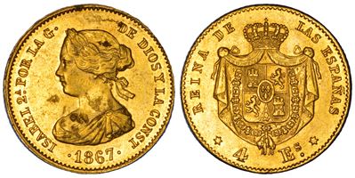 Isabel II di Spagna, Moneta da 4 Escudos, 1867, Madrid