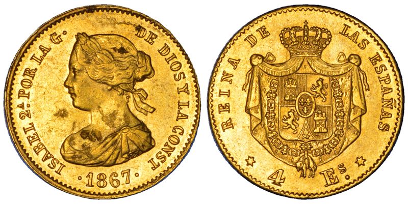 SPAGNA. ISABEL II, 1833-1868. 4 escudos, 1867. Madrid.  - Auction Numismatics - Cambi Casa d'Aste