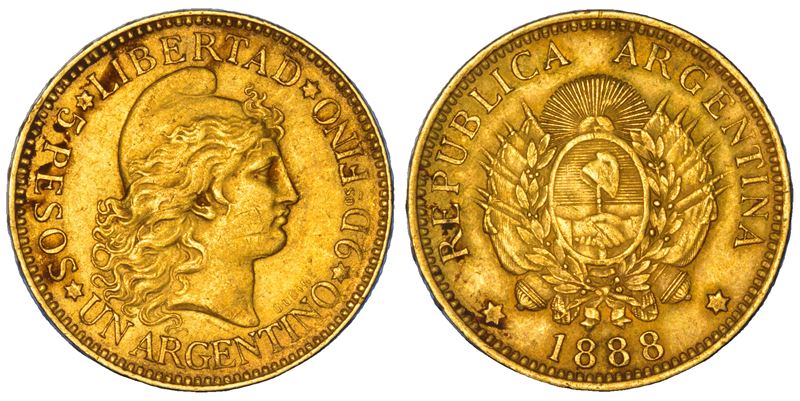ARGENTINA. REPUBLICA, dal 1816. 5 Pesos (Argentino) 1888.  - Auction Numismatics - Cambi Casa d'Aste