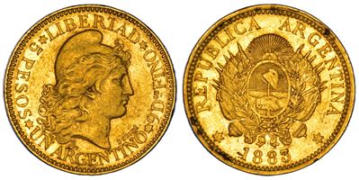 Argentina, 5 Pesos (Argentino) 1883, Testa della Libertà a d. con cappello frigio