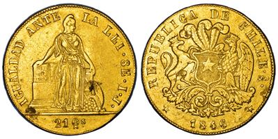Cile, Repubblica, 8 Escudos 1846, Santiago, Oro, Diametro 34,50 mm