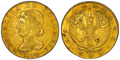 Colombia, Repubblica, 8 Escudos 1834, Bogotá, oro