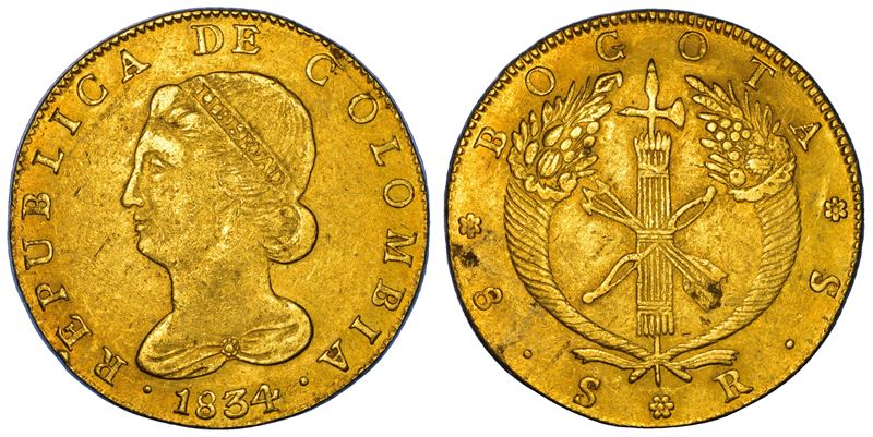 COLOMBIA. REPUBLICA. 8 Escudos 1834. Bogota.  - Auction Numismatics - Cambi Casa d'Aste