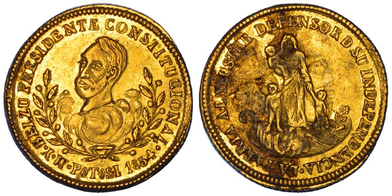 BOLIVIA. REPUBLICA. Escudo 1854. 4° anniversario di Belzú, presidente costituzionale.  - Asta Numismatica - Cambi Casa d'Aste