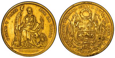 Moneta del Perù, 20 Soles 1863 YB, Oro
